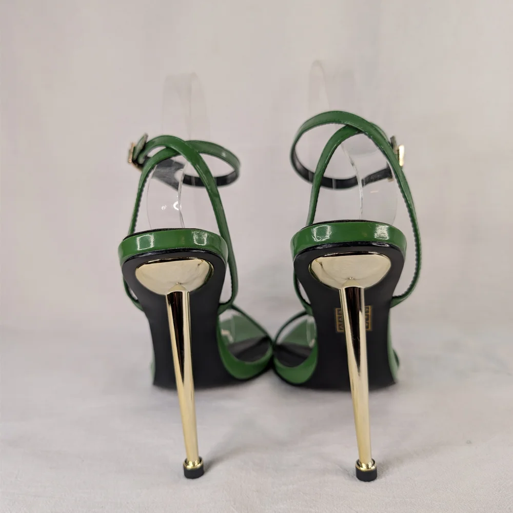 I AM FEMME Emerald Green Patent Stiletto Sandals Gold Heel Motivational Sole 8.5